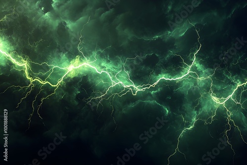 Lightning illuminating a stormy green sky background for energy, power, danger design concept