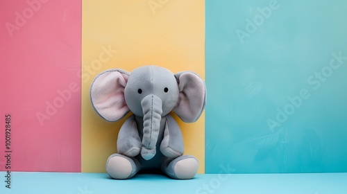 Elephant plushie doll isolated on colorful background