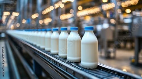 A modern milk production line showcases bottles on a conveyor, highlighting sanitation and efficiency in dairy manufacturing.