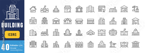 Set of Buildings Related Vector Line Icons. Contains such Icons as Church, Sport Stadium, Medical Hospital and more. Editable Stroke.