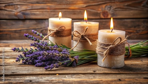 Rustic candles wrapped with twine and lavender sprigs on wooden surface, rustic, candles, twine, lavender, sprigs