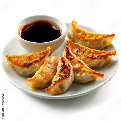 pan-fried gyoza dumplings with sauce isolated background