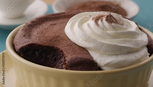 chocolate with whipped cream soufflé dessert on a plate