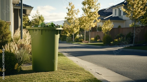 A green trash bin on a residential street surrounded by trees and houses.