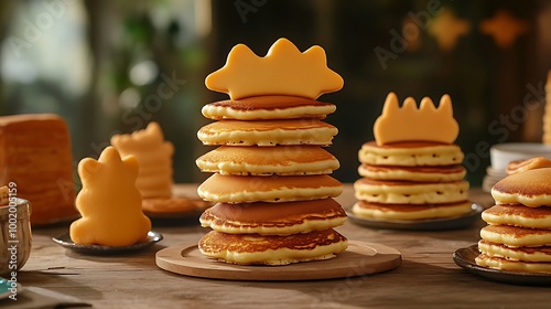 A table with funny pancakes stacked in outrageous shapes