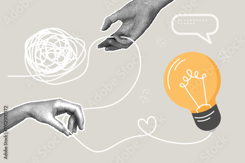 Modern halftone collage. The concept of unraveling a tangle of problems, solving a complex issue, problems, difficulties, finding a solution. Hands help unravel the tangle of problems and come up with