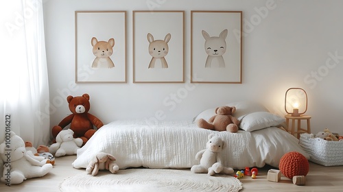 A cozy children’s bedroom with framed artwork of cute animals on the wall, a soft rug on the floor, stuffed toys scattered around, warm light from a bedside lamp,