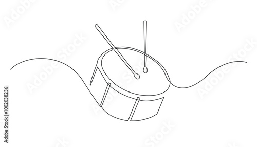 continuous line drawing.drum and sticks.minimalist line music concept.drum musical instrument tool.hand drawn vector illustration