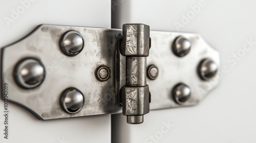 Close-up of a sturdy metal hinge on a white door, highlighting details and craftsmanship in home fixtures and hardware.