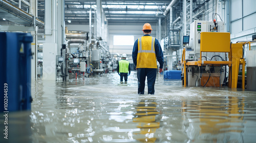 Factory Flood: A somber scene of a flooded factory floor with workers navigating through water, emphasizing the potential consequences of industrial accidents and the importance of safety precautions.