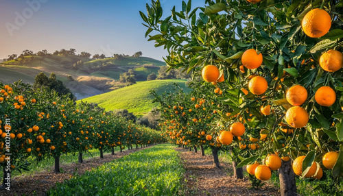 A vibrant orange grove with ripe fruit hanging from trees, set against rolling hills under a clear sky.