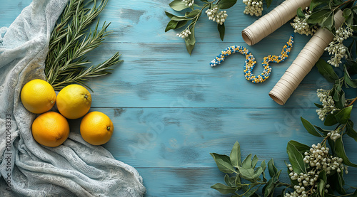 Fresh lemons with beautiful decorations on a blue background, created with Generative AI technology.