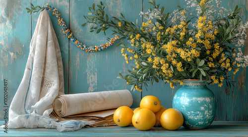 Fresh lemons with beautiful decorations on a blue background, created with Generative AI technology.