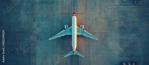 A white airplane sits on the tarmac of an airport, viewed from directly above.