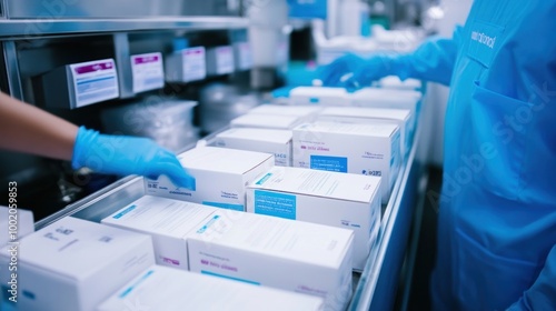 Two people in blue gloves reach for boxes of medical supplies on a shelf in a sterile room.