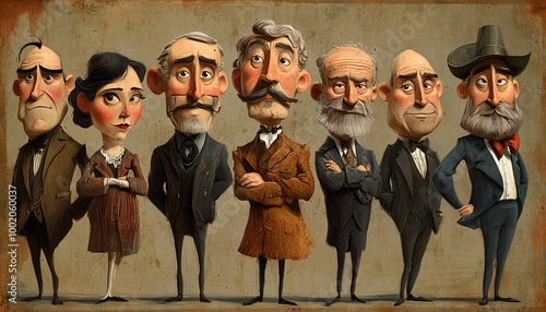 Caricature illustration of Spanish actors and playwrights from the 1910s1920s