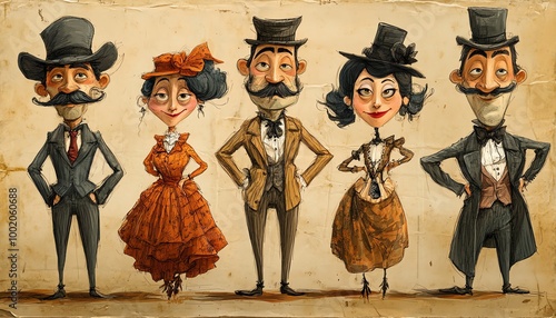 Handdrawn caricatures of Spanish theatrical figures from the 1910s1920s