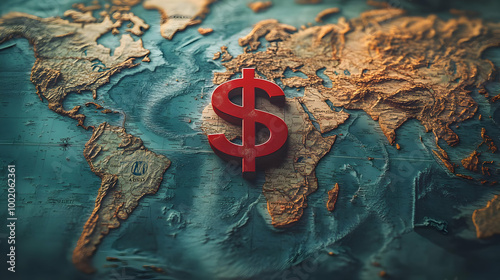 Red dollar sign symbolizing finance and global economy on a textured world map.