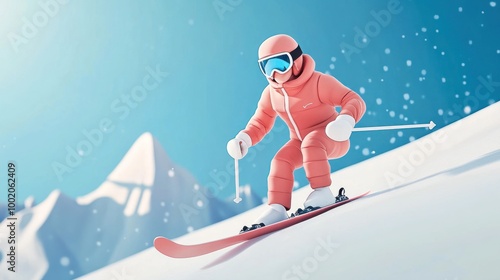 An animated character dressed in a coral winter sport outfit skiing down a snowy mountain slope with stylized mountains and falling snow in the background.