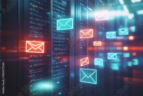 Digital email icons floating in a high-tech network system.