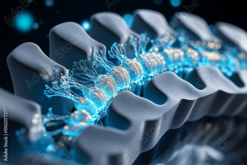 3D cross-section of the spinal cord, showing detailed modeling of the vertebrae, nerve roots, and spinal cord structures in a dynamic digital environment