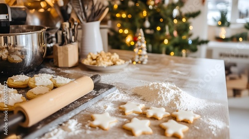 Cozy kitchen with homemade Christmas cookies in the making, rolling pin and flour scattered on the counter, evoking a festive and nostalgic holiday baking scene