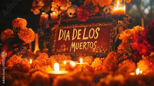 A beautifully decorated altar displays candles and marigolds for Dia de los Muertos festivities