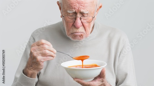 Senior Man Suffering from Dysphagia Struggling to Eat Soup - Concept of Swallowing Difficulty in Elderly