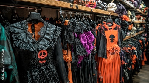 A vibrant display of adult Halloween costumes in a store, featuring a wide variety of themes from classic horror to modern favorites