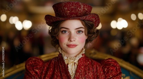 woman in ornate red dress and hat