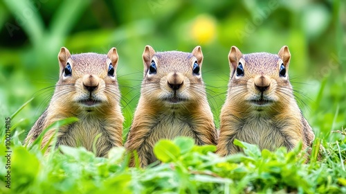 Three curious chipmunks enjoying a green meadow