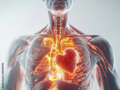 Detailed chest anatomy with pulsating organ pain, glowing heart and inflamed veins