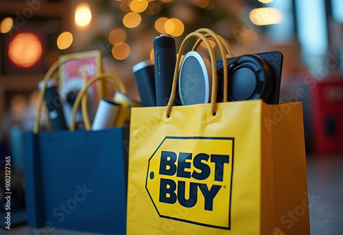 Close-Up of a Best Buy Shopping Bag with Electronics and Tech Gadgets Symbolizing Holiday Shopping and Excitement for New Purchases