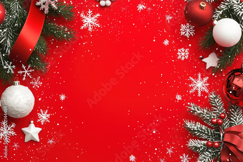 Red holiday background adorned with snowflakes and ornaments