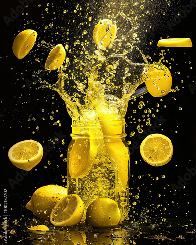 Mason jar spills lemonade; swirling streams, bright yellow highlighted by warm light on black.