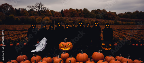 Halloween Pumpkins and Ghosts in a Field