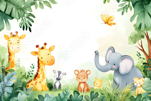 Cute cartoon safari zoo with animal frame border on background in watercolor style.