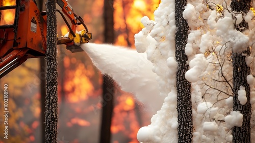 Closeup view of applying fire retardant foam to trees near the edge of a wildfire to shield and safeguard the vegetation from the devastating effects of the blaze