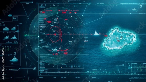 Detailed view of a marine radar screen showing the locations of various boats and the outlines of the surrounding coastal areas