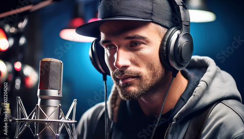 Close-Up Depiction of a Rap Musician in Studio, Featuring Recording Equipment, Microphone, and Creative Process