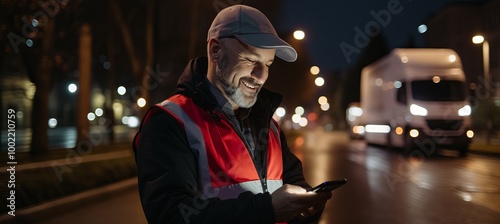 A smiling worker in a reflective vest checks messages on his phone in a city at night