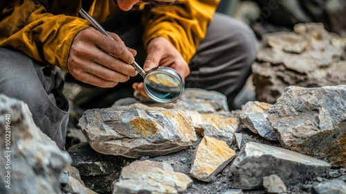 a geologist examining rock samples with a magnifying glass and geological tools.