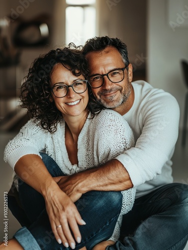 happy adult couple embracing , sitting on the floor of their home