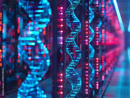 Futuristic DNA Data Storage in a Glowing Digital Archive with Illuminated Double Helix Shelves