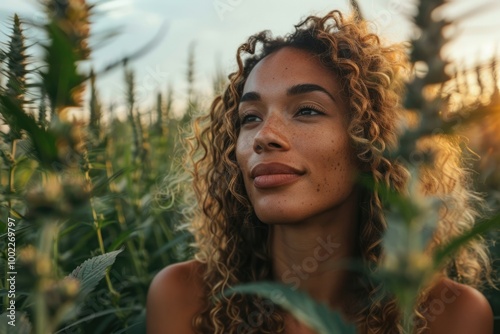 A horizontal shot of Woman Deep Breathing in Tender Green