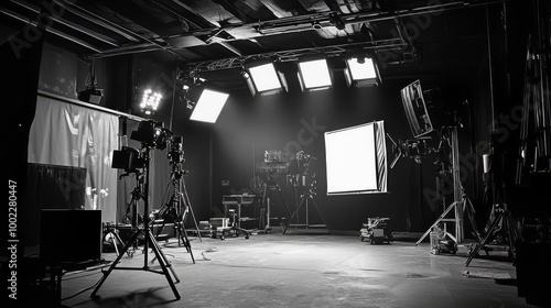 Black and white image of a professional photo studio with lighting equipment set up, ready for a photoshoot or filming session.