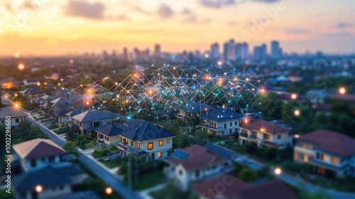 Connected Homes at Sunset with City Skyline in Background