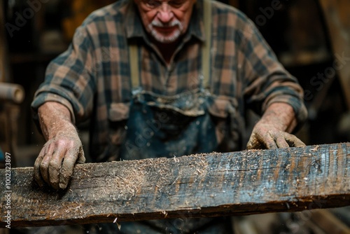 Elderly Carpenter's Hands Holding Rough Wooden Plank