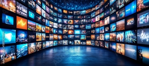 Multimedia Streaming Wall with Colorful Vibrant Channel Images Abstract Entertainment Background