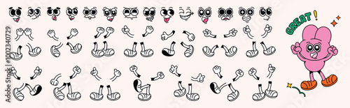 Set of 70s groovy comic faces vector. Collection of cartoon character faces, leg, hand in different emotions happy, angry, sad, cheerful. Cute retro groovy hippie illustration for decorative, sticker.